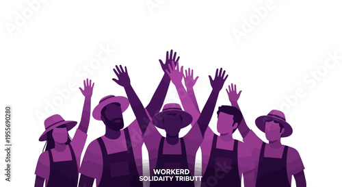 Vector illustration of farm workers in solidarity, raising their hands in unity on Cesar Chavez Day, celebrating labor rights and farmworker empowerment with a purple silhouette design