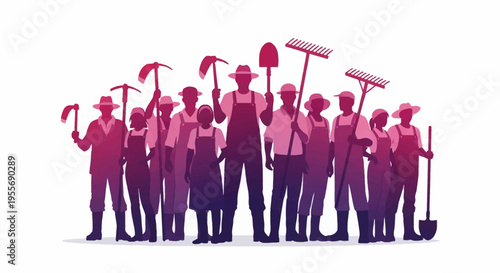 Vector illustration of a diverse group of farmworkers and laborers standing united with tools in a purple and pink gradient, symbolizing worker solidarity and farm labor rights on Cesar