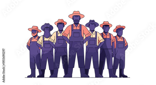 Vector illustration of a group of farmworkers standing together in solidarity, celebrating Cesar Chavez Day with a tribute to labor rights and farmworker unity