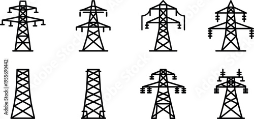 Set of electricity transmission towers silhouettes isolated on white background high voltage power line pylons vector collection