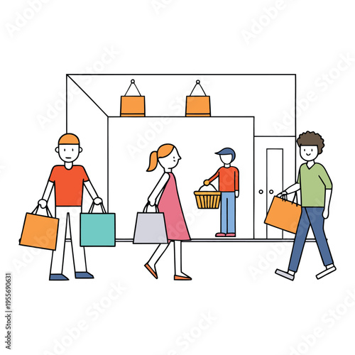 Shoppers stroll through a lively mall, browsing stores, trying on outfits, and carrying bags. Bright lights, busy walkways, and cheerful chatter create a vibrant retail scene.
