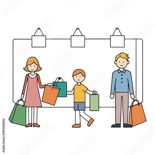 Shoppers stroll through a lively mall, browsing stores, trying on outfits, and carrying bags. Bright lights, busy walkways, and cheerful chatter create a vibrant retail scene.
