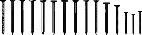 A diverse set of black silhouette construction nails and metal spikes of various sizes and types, perfect for carpentry, woodworking projects, and hardware tool illustrations.