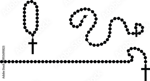 A high-quality set of black rosary bead silhouettes with Christian crosses and crucifixes, perfect for religious celebrations, spiritual prayer themes, and Catholic church designs.