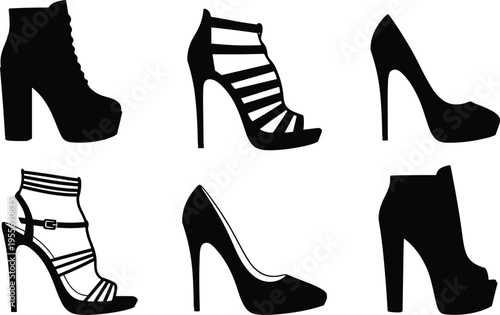 A high-quality set of black silhouette women shoes featuring high heels, stiletto pumps, strappy sandals, and platform boots, perfect for fashion retail and boutique branding.