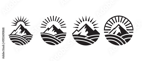 Mountain and Sun Rise Logo Emblems Over Water, Minimalist Black and White Vector Illustration.