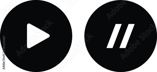 Black and white vector illustration of circular play and pause buttons for multimedia interface design audio video playback controls and web application navigation.