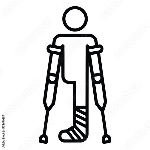 minimal line art illustration of injured person with crutches broken leg medical recovery rehabilitation concept outline icon isolated