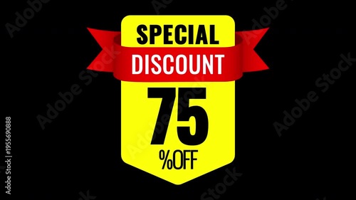 75 percent special discount badge animation yellow red sale label on transparent background