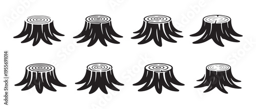 Collection of tree stumps in a simple flat design style, illustrating deforestation and environmental concerns, vector illustration.