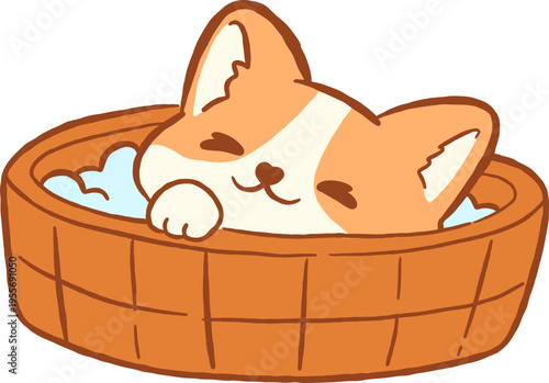 Cute Corgi in Wooden Bathtub