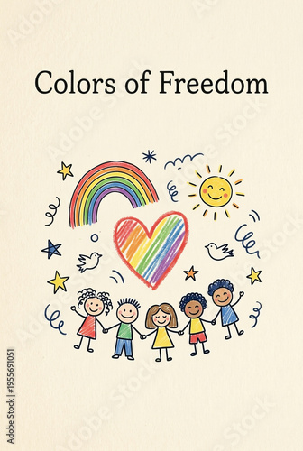 Poster in a minimalist style, like a child's drawing, with hand-drawn lines. Contains the text “Colors of Freedom”. To celebrate LGBTQ+ Pride Month, inclusivity and equality. 