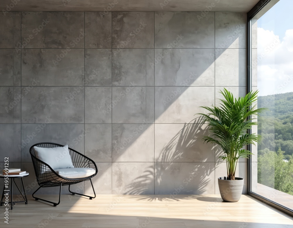 Obraz premium Modern interior scene with minimalist armchair and potted plant by large window. Concrete tile wall and wood floor with sunlit area. Relaxing space with view.