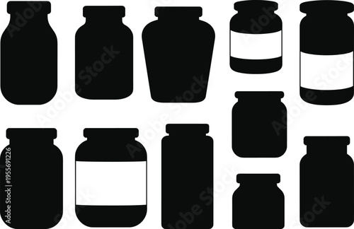 Black glass jar silhouette collection with various shapes and white labels for jam honey preserves or cosmetics packaging design elements on white background