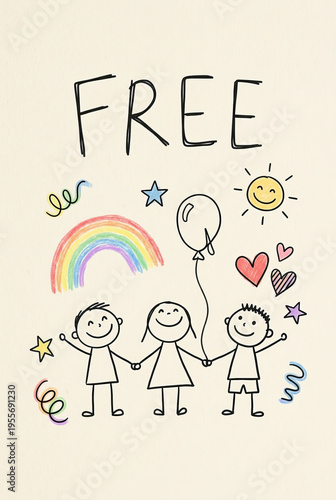 Poster in a minimalist style, like a child's drawing, with hand-drawn lines. Contains the text “FREE”. To celebrate LGBTQ+ Pride Month, inclusivity and equality. 