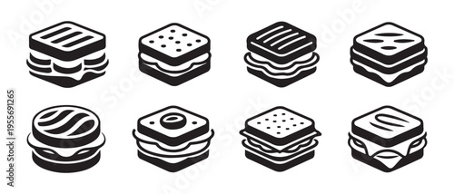 Isometric Sandwich and Burger Icons Set. in Flat Design Style, Black and White Vector Illustration.