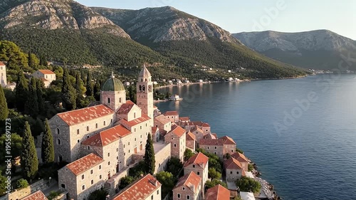 Scenic aerial view of a historic stone village and ancient monastery perched on a coastal cliff