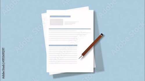 Clean vector illustration of business documents page template with pen on a minimalist blue background, ideal for corporate or personal use