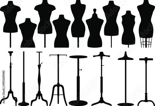 Black silhouette collection of fashion mannequins and dress forms isolated on white background for tailor studio sewing industry retail display and boutique clothing design