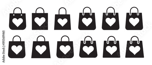Black Shopping Bags with White Hearts Row - E-commerce Retail Love Gift Concept Vector Illustration.