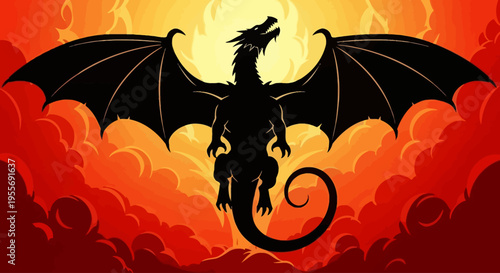 Powerful Dragon Silhouette Against a Fiery Sky Illustration