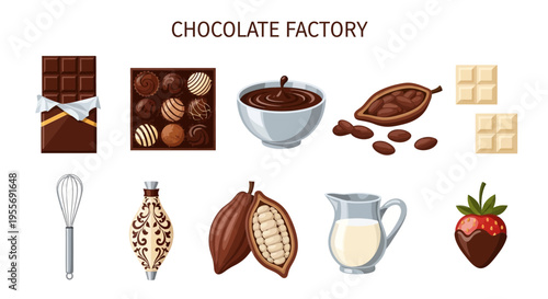 Chocolate factory ingredients and production.
