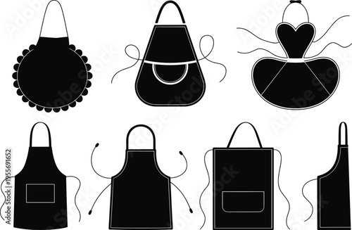 Black silhouette vector set of various kitchen apron icons including chef bib aprons, ruffled vintage styles, heart shaped pinafores, and industrial protective restaurant uniforms