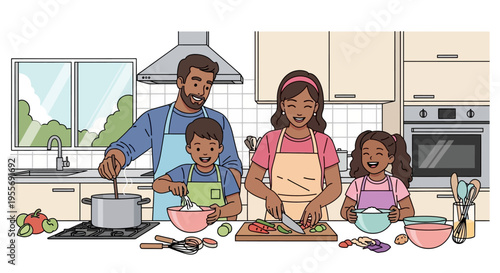 Family enjoys cooking a meal together in the kitchen.