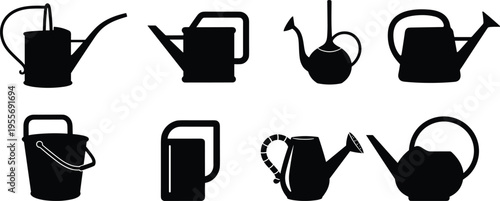 Black silhouette vector set of different garden watering cans and buckets isolated on white background for horticulture icons and spring landscaping design elements.