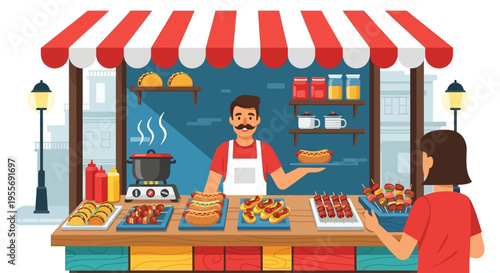 Street food vendor serving hot dogs and tacos from a colorful stall.