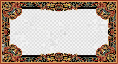 Ornate traditional decorative frame with intricate ethnic patterns on a transparent background.