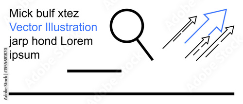 Business growth, data analysis, information search, direction, focus, abstract design. Black magnifying glass, arrows and textual elements. Growth and data analysis concept