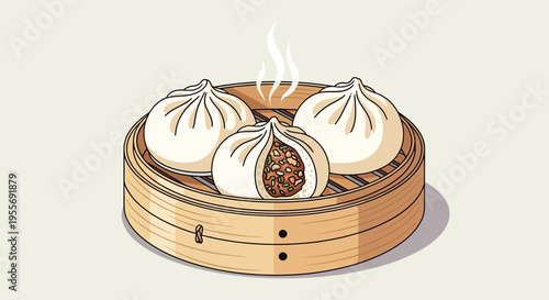 Steaming hot dumplings in a bamboo steamer