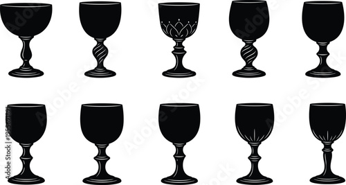 Black vintage goblet silhouettes set isolated on white background luxury wine glass icons collection for elegant party beverage menu design and antique glassware illustration