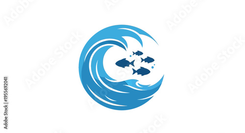 Blue wave with small fish swimming.