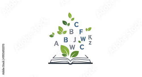 Book with leaves and letters rising.