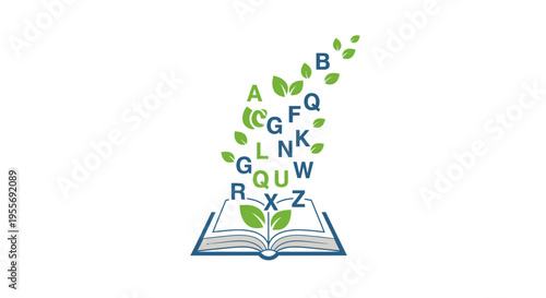 Book with letters and green leaves.