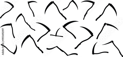 Collection of black scythe silhouettes and hand drawn reaper blade icons isolated on white background for grim reaper concepts, harvest tools, and spooky halloween designs.
