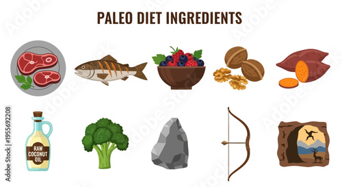 Paleo diet ingredients and food items.