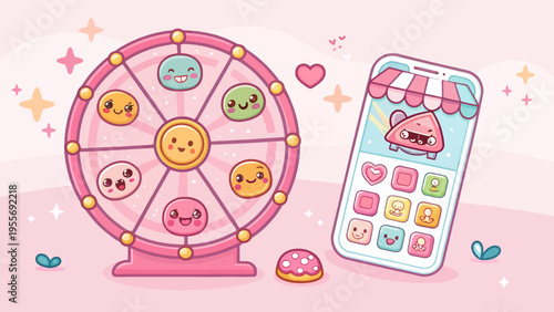 A colorful cartoon illustration of a Ferris wheel and a smartphone with cute emojis