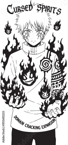 Vector illustration of anime character with cursed spirits and flames