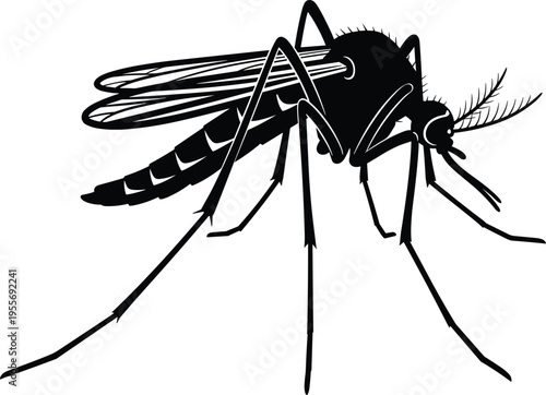 Detailed black mosquito silhouette vector icon isolated on white for pest control service, malaria awareness, zika virus prevention, insect repellent branding, and biology.