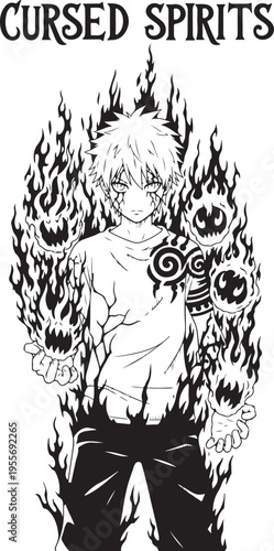 Vector illustration of anime boy surrounded by cursed spirits and flames