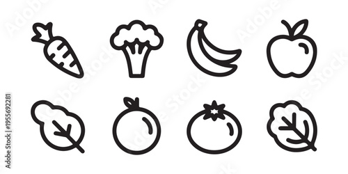 Healthy Fresh Fruits and Vegetables Outline Icons Set. for Nutrition and Diet Flat Design Vector Illustration.