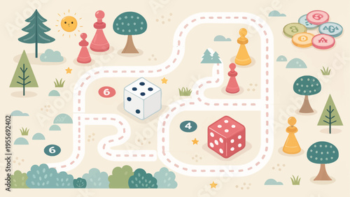 A colorful vector illustration of a board game with a winding path and game pieces