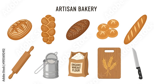 Artisan bakery fresh bread ingredients tools.