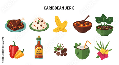 Caribbean jerk food and drink icons.