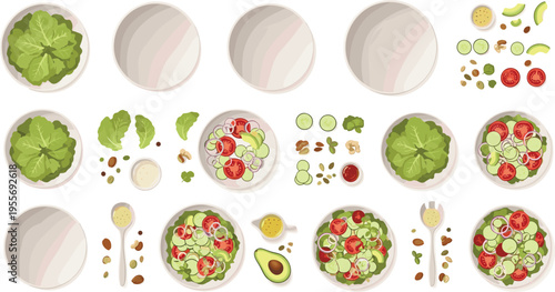 Healthy salad preparation steps with ingredients bowls and toppings fresh vegetable meal process vector illustration set