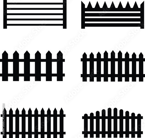 Vector set of black wooden fence icons featuring various picket styles and garden boundary designs for landscaping architecture backyard security and rural decoration.