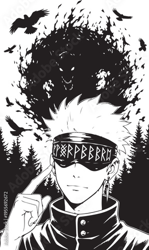 Vector illustration of anime character with blindfold and dark aura